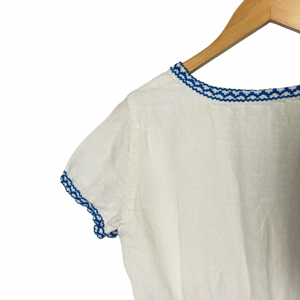 J. Crew 100% Linen Embroidered White Midi Dress with Blue Trim V-Neck, US 6 - Picture 9 of 16